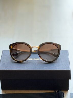 Dolce & Gabbana Tortoiseshell Round Sunglasses with Gold Bridge -